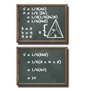 volume of a right-triangular pyramid calculated on chalkboard